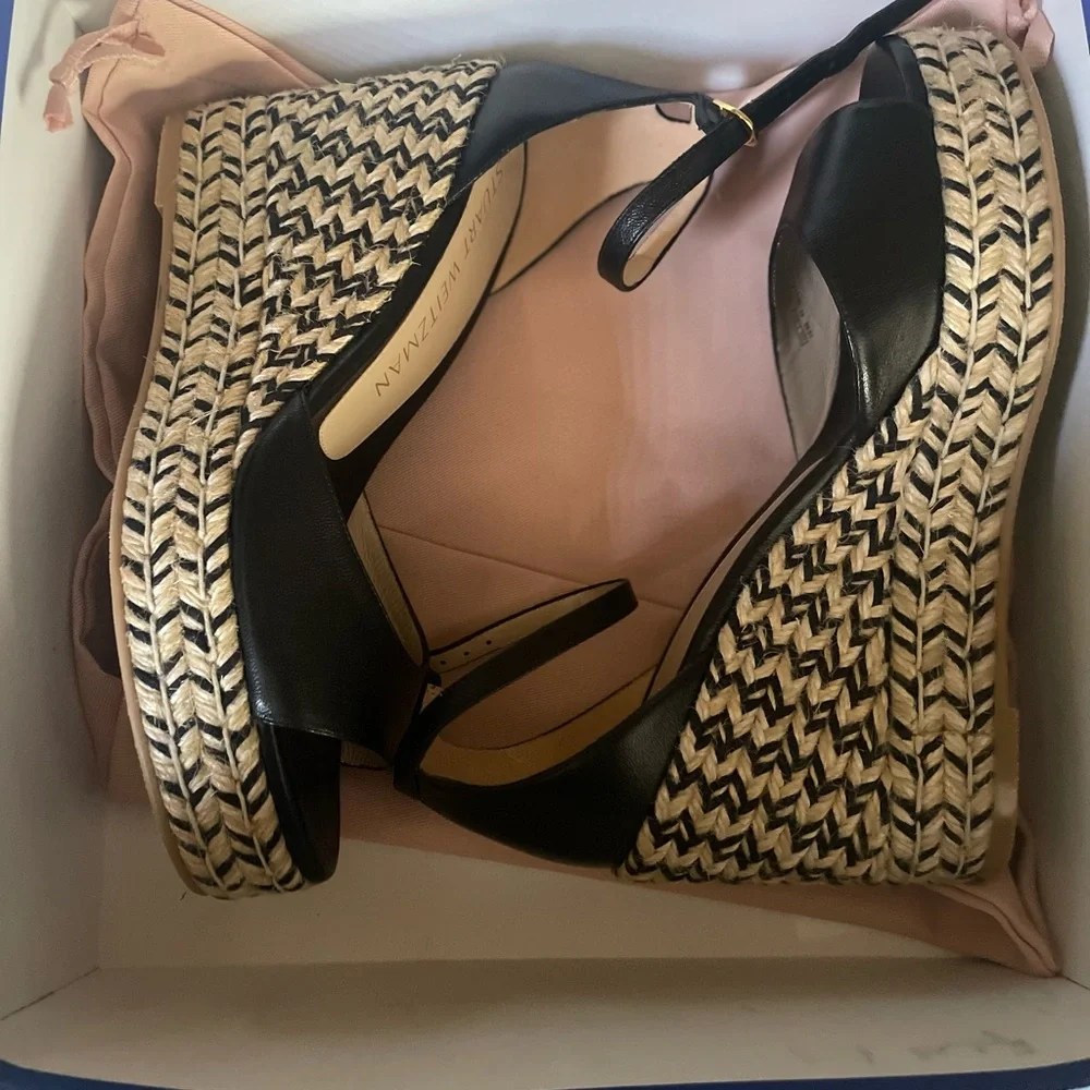 Stuart Weitzman Black Leather Espadrille Wedge Sandals